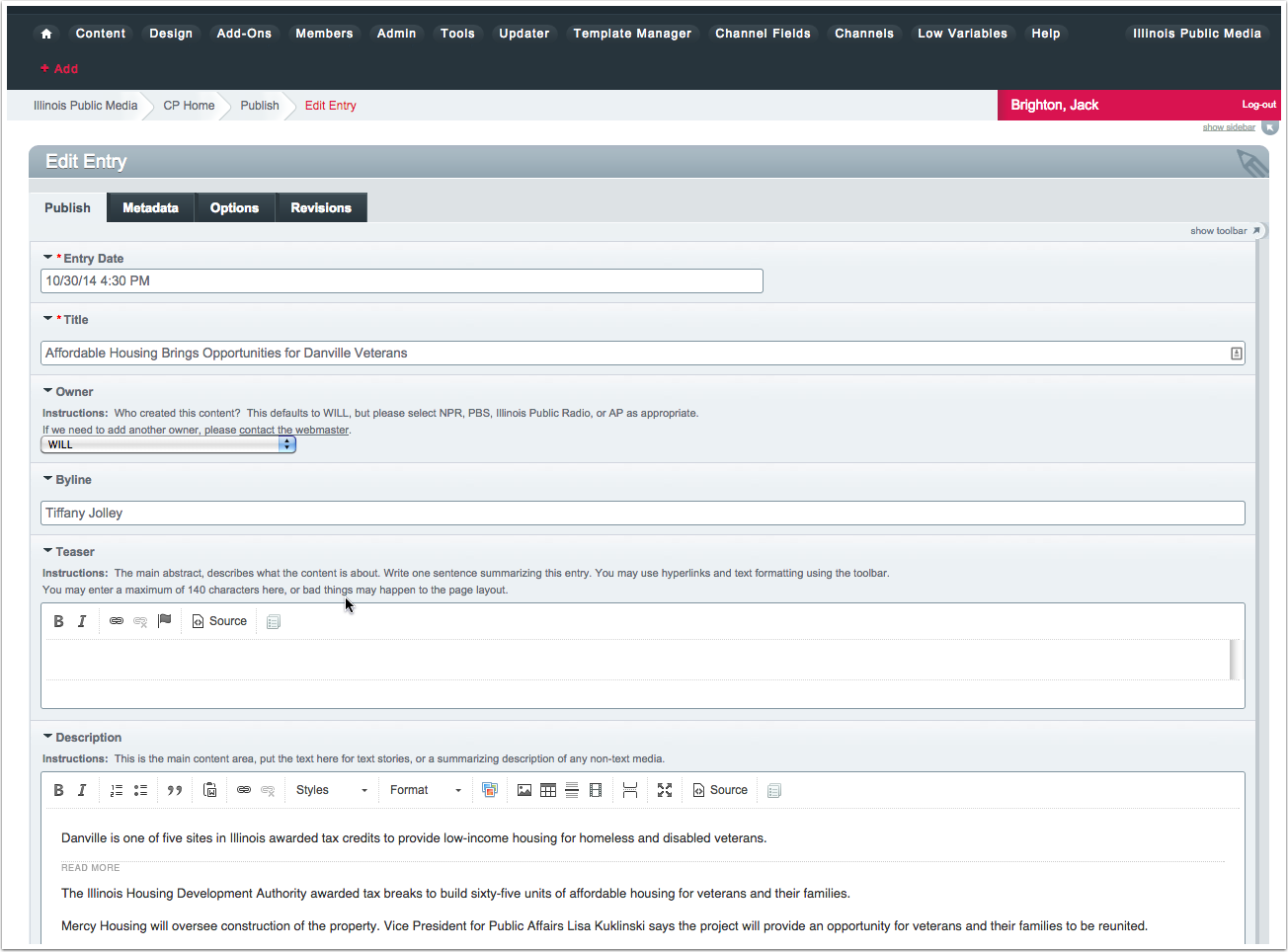 Entry page in the CMS editor