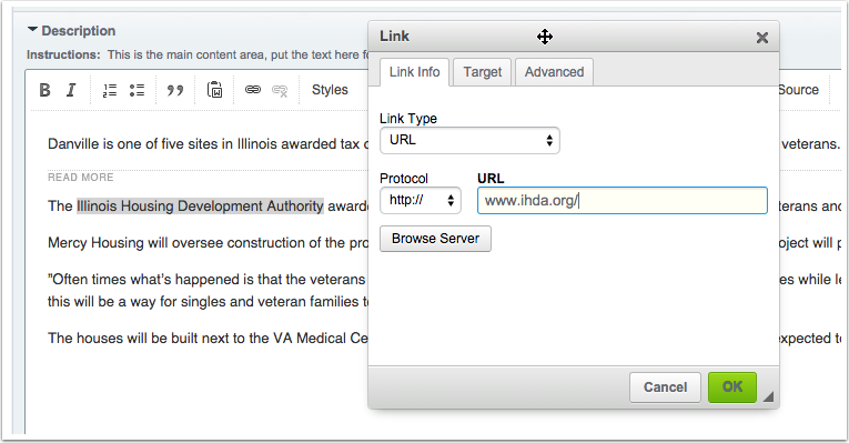 Adding a hyperlink in the Description field