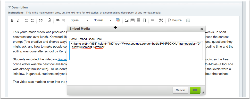 Embed code poasted into the embed dialogue box