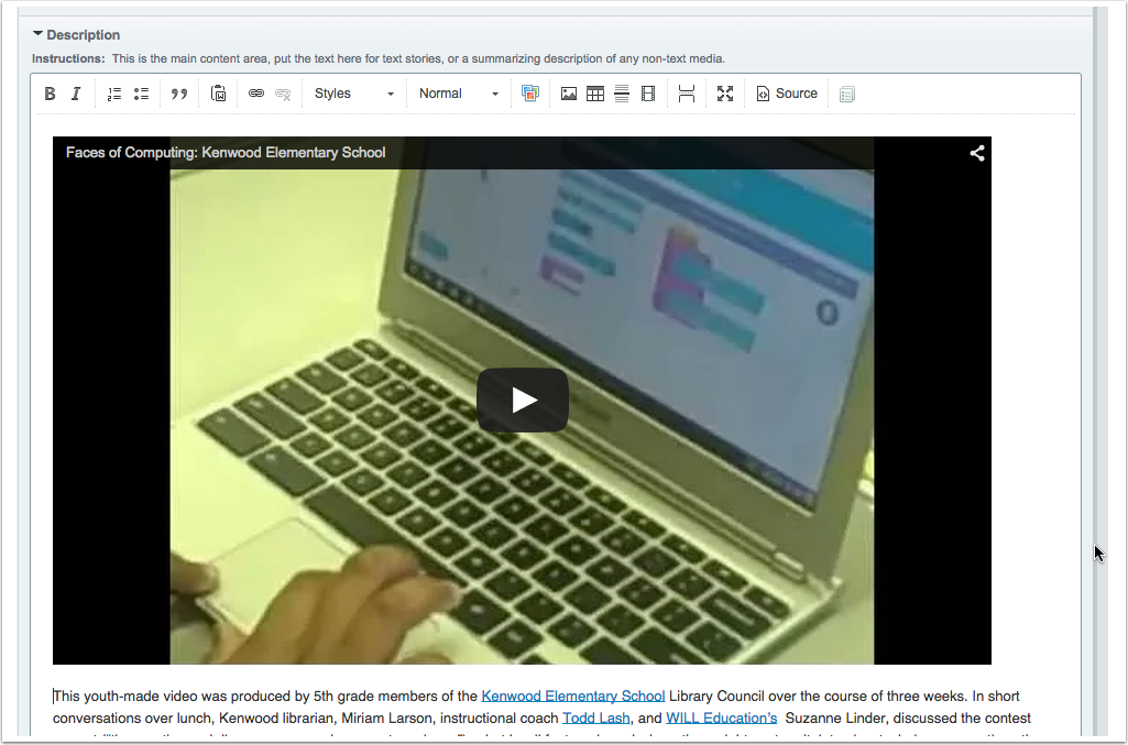 video displaying inside the Description field