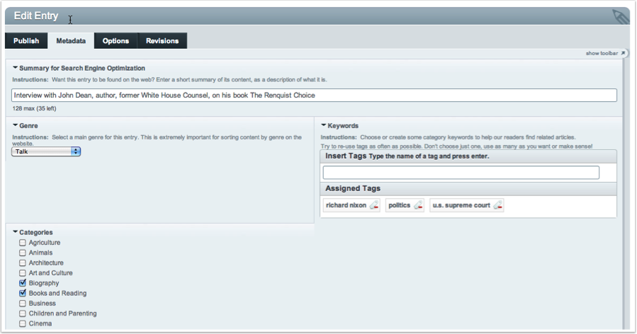 the Metadata tab in our entry form