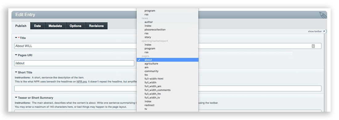 Pages template dropdown list