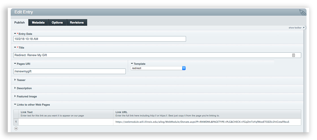 a website entry showing fields needed for a redirect