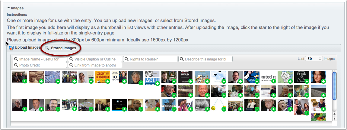 the Stored Images link in the Images field in our CMS field