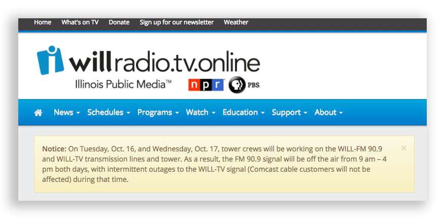 website alert as shown on the WILL Home page